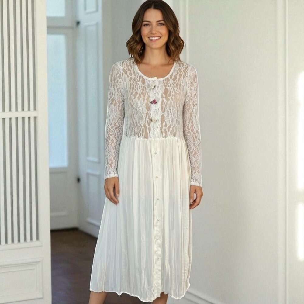 Vintage 90s Lace Midi Dress Sz.M Ivory Pleated Sheer Prairie Cottage Romantic